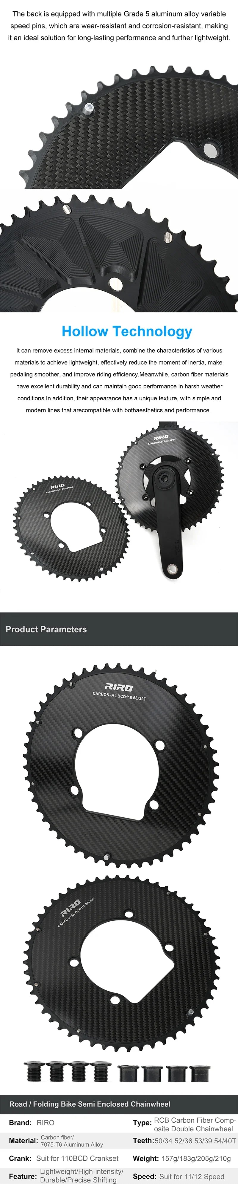Riro Carbon 110Bcd Chainring Carbon Road Bike Chainring 50-34T 52-36T 53-39T 54-40T for R7100 R8100 R9200 110 Bcd Crown Aluminum