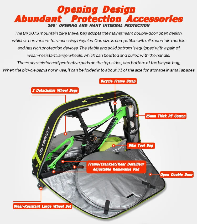 NOOYAH Bike Bag Bicycle Travel Bag Transport Case with Wheel Bag Rear Derailleur Pad Frame Fork Protective Tool Bike Accessories