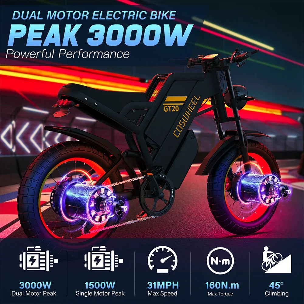 Coswheel Electric bike 3000W GT20 PRO Off Road Electric Motorcycle 48V 40AH Dual Motor Dual Battery Mountain bike Fat Tire Ebike