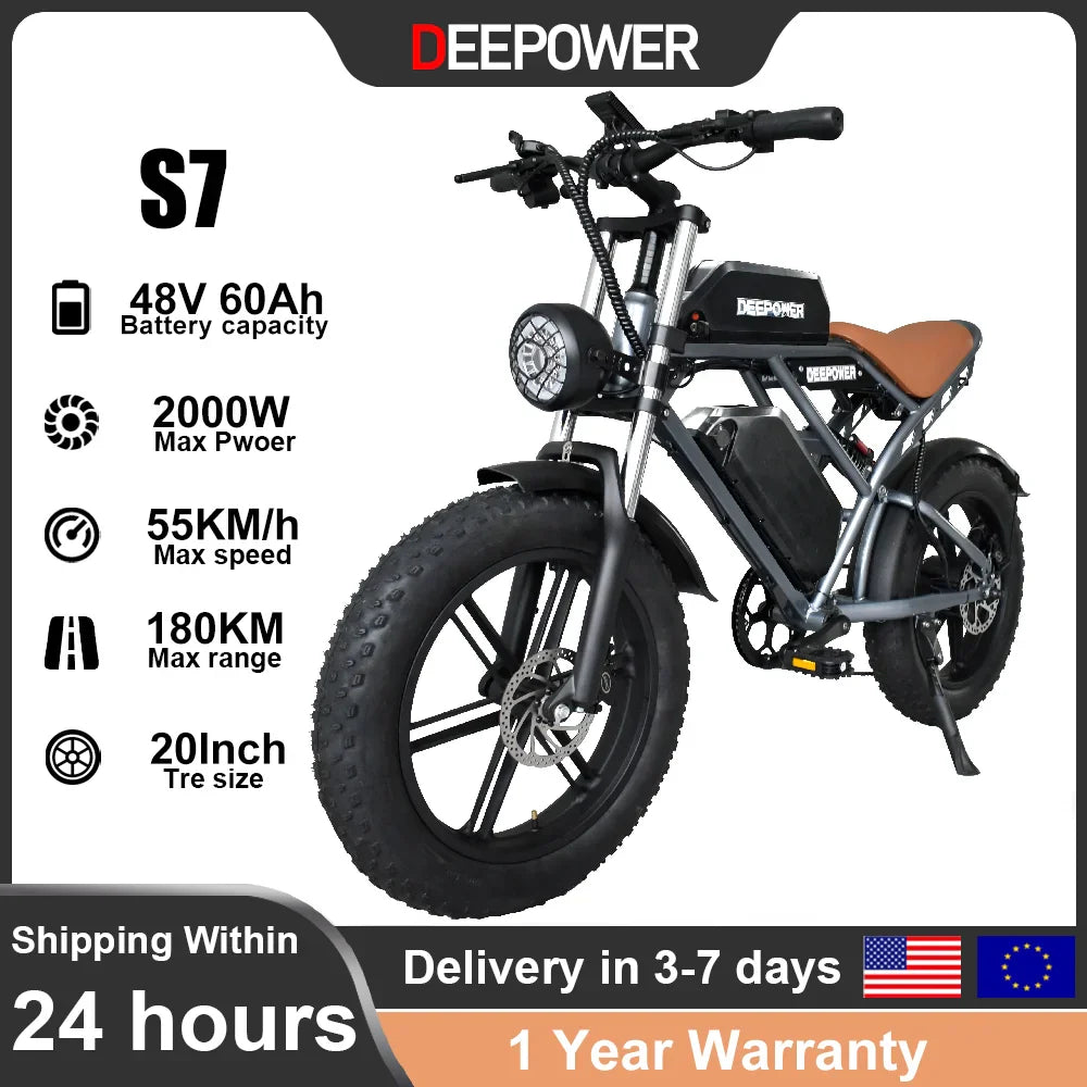 Deepower Electric Bike 2000W 48V 60AH 20Inch Fat Tire Mountain Ebike for Adults Disc Brake Off-Road Adventure Electric Bicycle