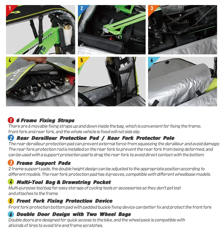 NOOYAH Bike Bag Bicycle Travel Bag Transport Case with Wheel Bag Rear Derailleur Pad Frame Fork Protective Tool Bike Accessories