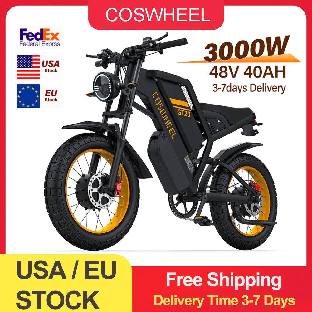 Coswheel Electric bike 3000W GT20 PRO Off Road Electric Motorcycle 48V 40AH Dual Motor Dual Battery Mountain bike Fat Tire Ebike