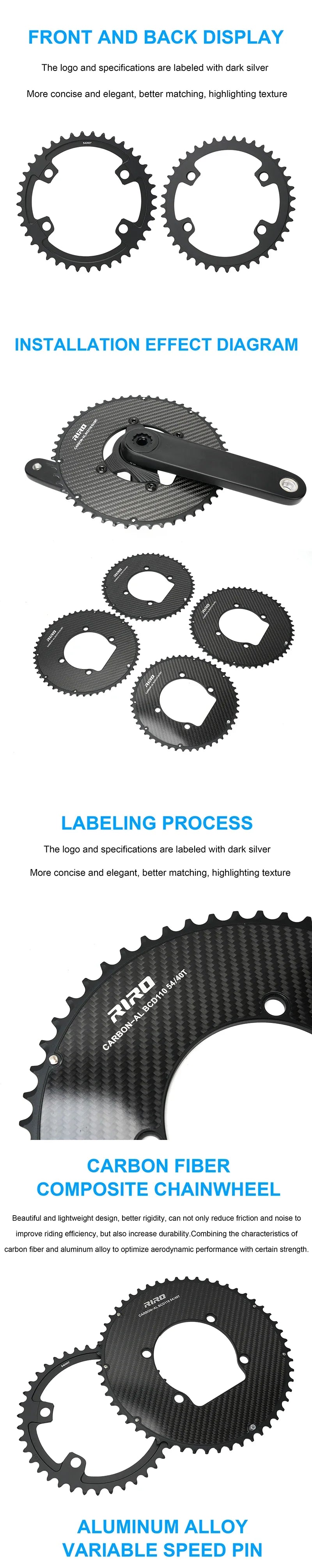 Riro Carbon 110Bcd Chainring Carbon Road Bike Chainring 50-34T 52-36T 53-39T 54-40T for R7100 R8100 R9200 110 Bcd Crown Aluminum