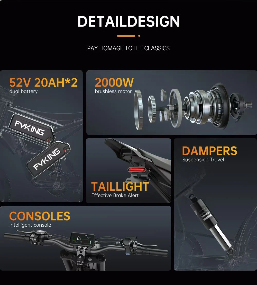 FVKINGE6 off-road electric bicycle peak 2900W motor 60KM/H52V40AH electric motorcycle 25 inches